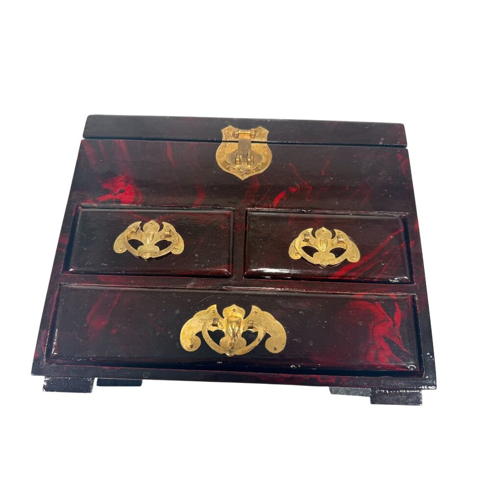 Vintage Oriental Wood Laquer Jewelry Box Red Silk Lining Mirror Carved Top - Picture 14 of 16